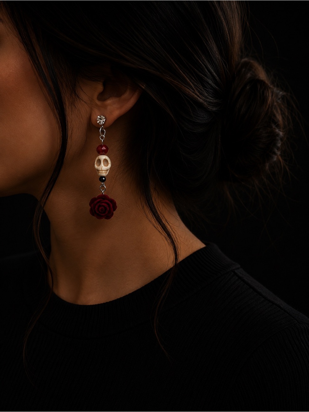 Skull & Rose Dangle Earrings | Gothic Floral Earrings - Picture 3 of 5